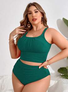 Swim Lushoire 2pcs Plus Size Women Solid Color Casual Vacation Spaghetti Strap Camisole Bikini For Summer - Green - View 4