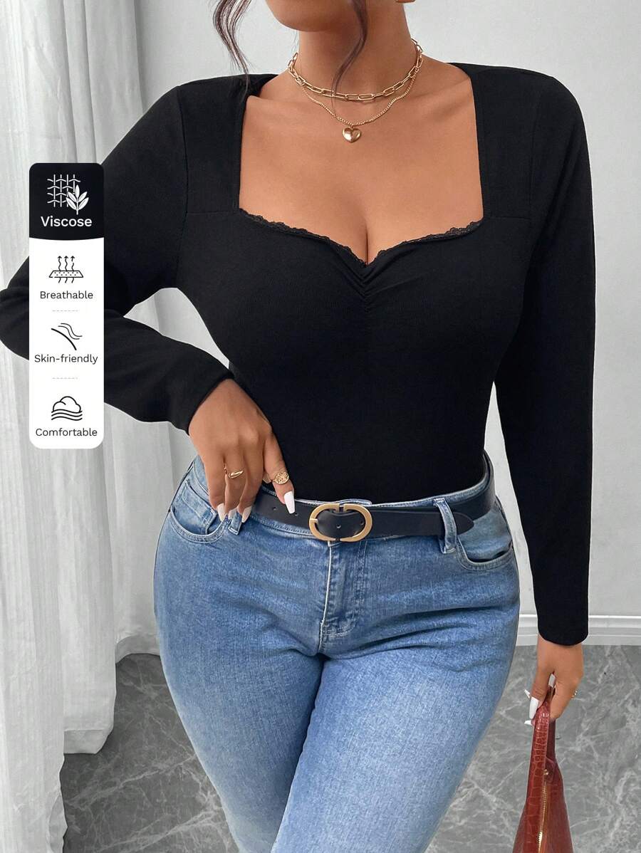 SHEIN Frenchy 女士加大码黑色方领秋季长袖女装紧身连衣裤优雅百搭休闲撞色蕾丝褶皱圆领修身连衣裤秋季 - 黑色 - 查看 1