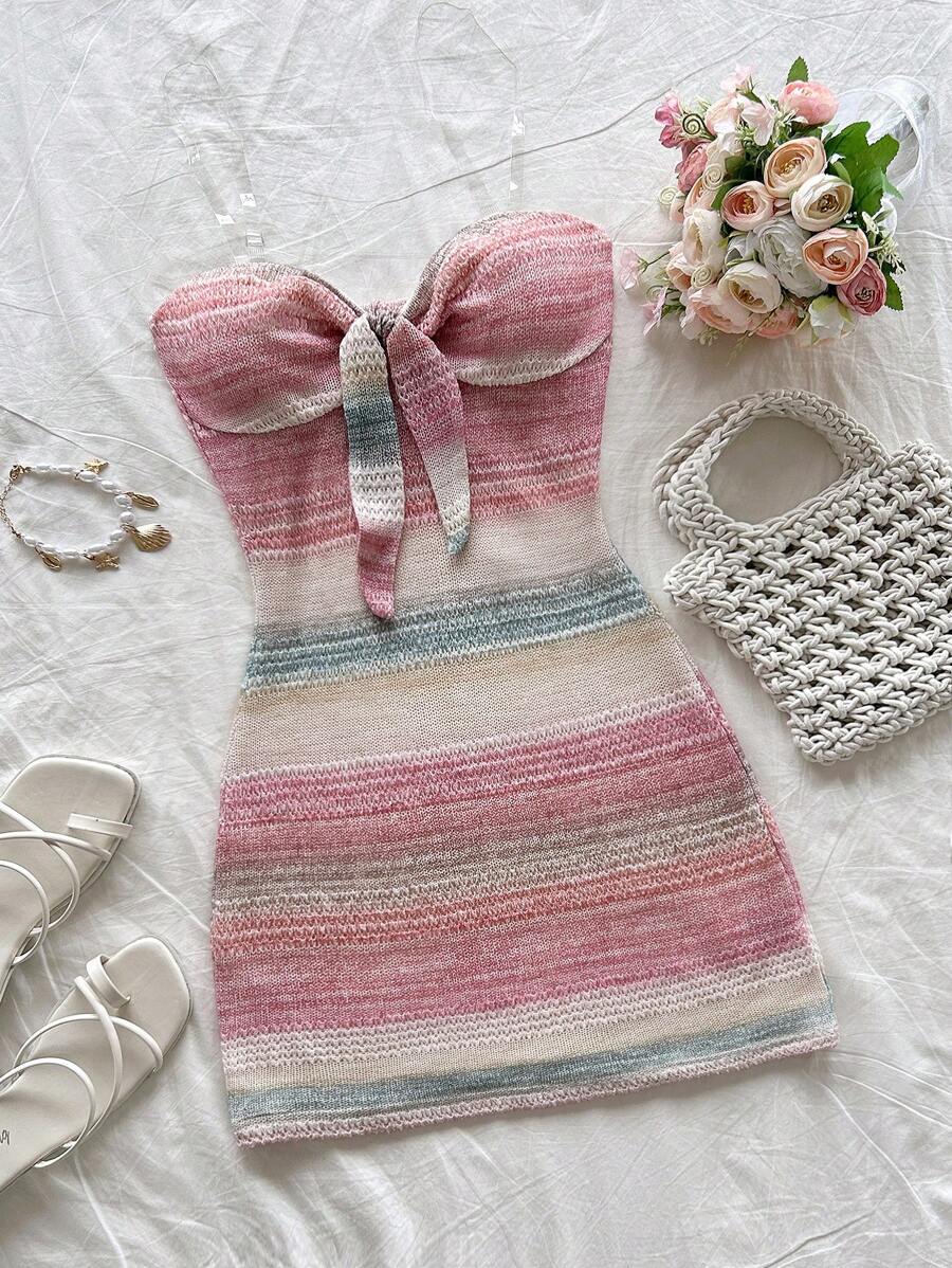 Soleia Women Floral Mesh Patchwork Colorful Knotted Front Sleeveless Slim Waist A-Line Mini Dress, Fit For Vacation, Party, Date, Afternoon Tea - Multicolor - View 1