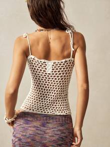 Bohemela Women's Semi-Sheer Knitwear Crochet Top, Spaghetti Strap Sleeveless Knit Top With Slit Hem, Regular Length Beige Summer Knit Top - Beige - View 6