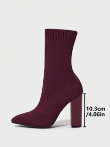 CUCCOO BASICS Women's Pointy Toe Chunky Heel Slip-On Knitted Blend Ankle Boots - Burgundy - View 3