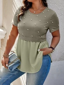 Calvaya Pearl Detail Plus Size Two-In-One Contrast Color T-Shirt Graphic Tees Women Tops - Mint Green - View 6