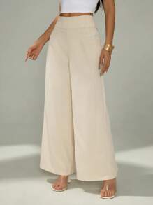 SHEIN PETITE 女士简约休闲时尚返校季老款通勤高腰纹理阔腿裤 - 杏色 - 查看 5