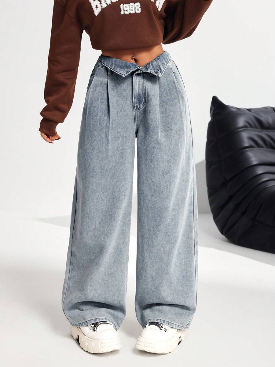 SHEIN PETITE 女士高腰阔腿牛仔裤，蓝色 - 淺色水洗藍 - 查看 1