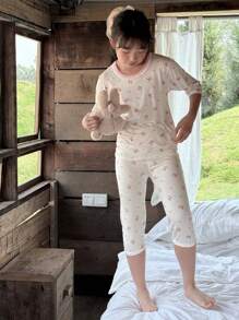 DAZY 2pcs/Set Tween Girls Cartoon Bear Print Short Sleeve Top And Pants Pajama Set,Girls Summer Outfits,Back To School Clothes