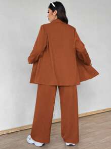 Flirla Conjunto de 2 piezas de blazer con botones y pantalones de talla grande - Óxido marrón - Ver 2