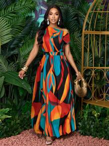 SOLERSUN Spring And Summer New Elegant Commuter Casual Asymmetrical Shoulder Short Sleeve Large Waist Artsy Print Beach Vacation Date Travel Women Dress (Random Floral) - Orange - View 6