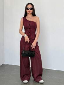 SHEIN Unity 2 件套女士休闲卡其色条纹不对称肩部设计 - 酒紅色 - 查看 5