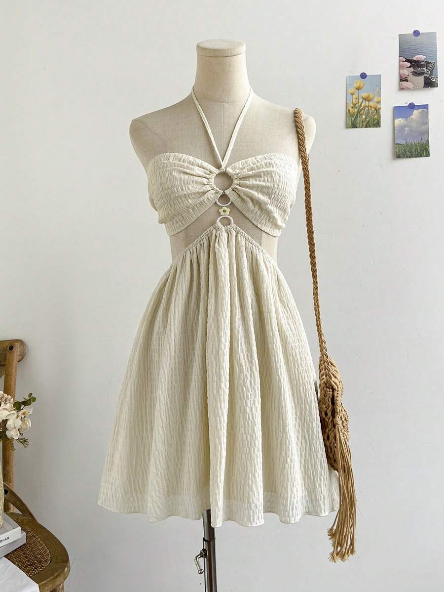 Soleia 女士杏色露背迷你连衣裙，夏季假日海滩/公园度假装