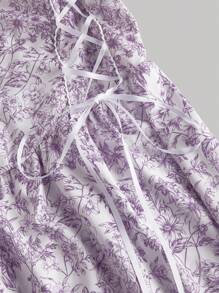 SHEIN MOD Plus Size Women Lilac Floral Print Belted Vintage Court Flared Skater Dress Lilac Short Dress,Grad Dress,Beach Dress Sundress,Holiday Outfits Boho