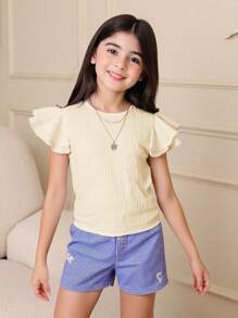 SHEIN Tween Girls Textured Woven Round Neck Ruched Ruffle Trim Cap Sleeve Fitted Casual Top, Resort Style, French Elegant, Suitable For Spring Outing & Vacation