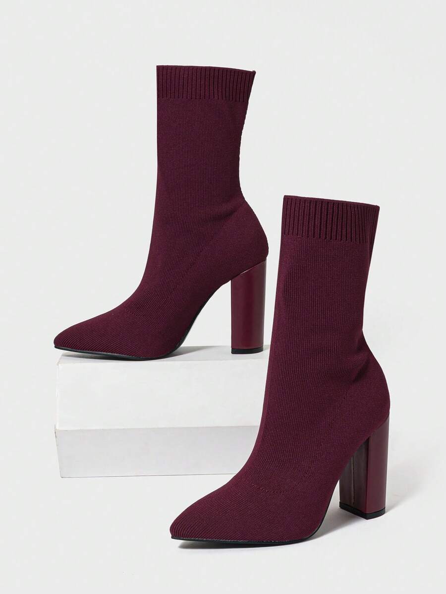 CUCCOO BASICS Women's Pointy Toe Chunky Heel Slip-On Knitted Blend Ankle Boots - Burgundy - View 1
