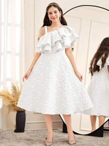 SHEIN 少女优雅多层荷叶边不对称肩部中长连衣裙 - 白色 - 查看 1