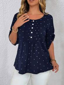 EMERY ROSE Plus Size Women's New Polka Dot Printed Round Neck, Toothpick Buttons Decor, Half Sleeve Adjustable Loose Elegant Casual Shirt - Multicolor - View 3