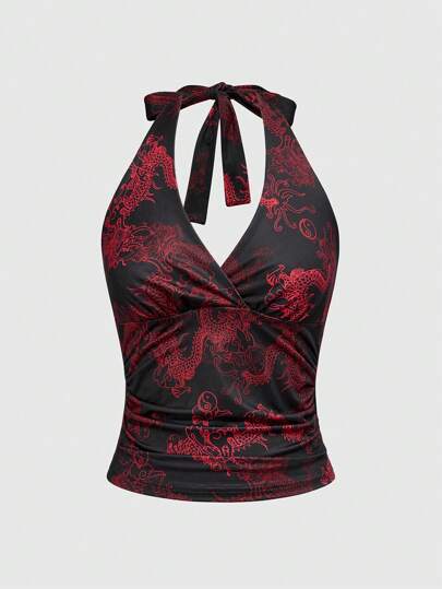 Grunge Punk Top de tirantes con estampado de dragón retro Y2K para mujeres