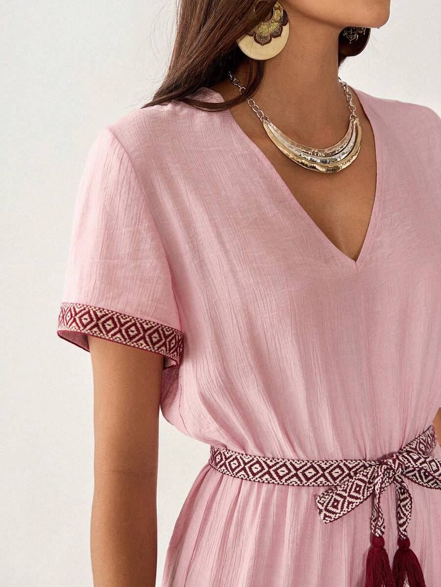 Florisole Boho Women's Cinched Waist Floral Trim Romper, Pink, Summer - Pink - View 1