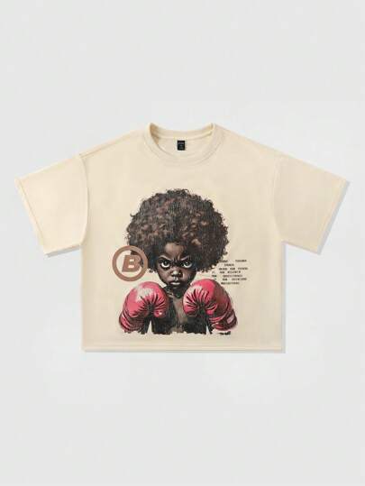 Street Life Men's Loose Fit Boxing Print Drop Shoulder Short Graphic T-Shirt