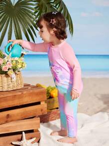 SHEIN 2025新款/女婴可爱美人鱼独角兽图案连体泳衣，适合游泳池、沙滩派对、节日礼物，女婴泳装，女婴沙滩装，女婴游泳服，女婴沙滩装