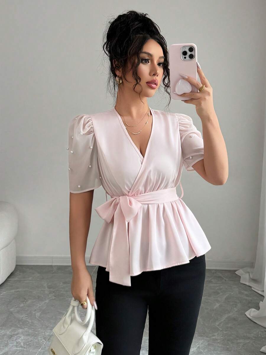 Elenzga Summer Elegant Pink Pearl Puff Sleeve V-Neck Bow Blouse - Pink - View 1