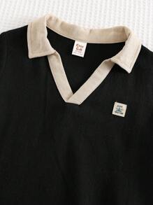 Cozy Pixies 2pcs Baby Boy Set: Ornate Decoration Colorblock Collar Short Sleeve Polo Shirt & Solid Color Elastic Waist Shorts