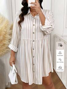 SHEIN Frenchy Vestido de manga larga de otoño para mujer talla grande, informal y para el hogar, versátil, cómodo, estilo camisa con botones abajo, vestido de manga larga con estampado de rayas - Albaricoque - Ver 1