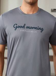 Manfinity Underwear&Sleepwear Basics Parte superior de pijama de cuello redondo con estampado de letra para hombres, conjunto de ropa de casa de verano