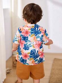 Cozy Pixies 3pcs/Set Toddler Boys Plant & Floral Print Lapel Short Sleeve Top, Button Down Shirt, And Elastic Waist Shorts Outfit