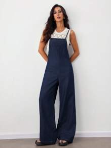 SHEIN Tall Women's Casual Loose Sleeveless Blue Denim Bib Pants And Jumpsuit Straight-Leg Suspender Jumpsuit For Women Jumpsuits For Woman Elegant