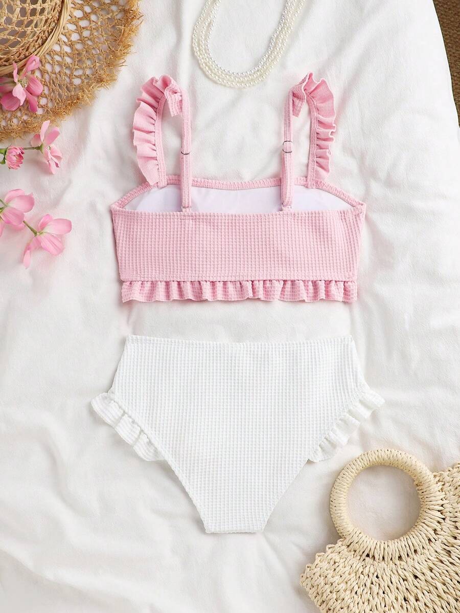 Tween Girl Pink Ruffled Bikini Swimsuit Set,Suitable For Summer Beach, Vacation, Swimming, Travel - Multicolor - View 1