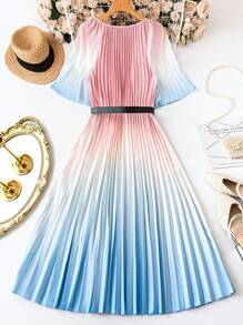 DreamSkyne Romantic Date  Plus Size Women's Casual Elegant Ombre Print Pleated Mid-Length Flared Sleeve Versatile Comfortable Dress, Spring/Summer - Multicolor - View 2