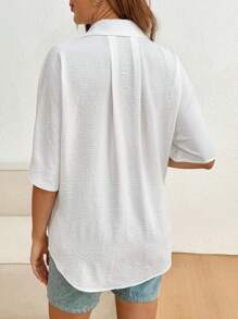 SHEIN Maternity Casual White Woven Fabric Blouse: Half Sleeve, Collared Neckline, And Asymmetrical Hem For Everyday Comfort