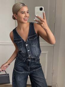 DAZY Women's Washed Denim Vest And Loose Fit Jeans Set, Casual Outfit - Dark Wash - View 9
