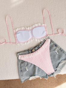 Swim Mod Bikini Set Contrast Lace Textured, Pink Girly Series Contrast Lace Trim For Summer Beach Vacation - Pink - View 6