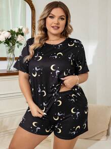 Miss Vinta Mond & Stern Muster Kurzarm Shorts Pyjama Set, leicht, geeignet für legere Lässig kleidung - Schwarz - Übersicht 6