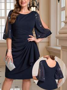 SHEIN Tall CURVE Váy tay xẻ nhún đính đá sang trọng cỡ lớn dành cho nữ, Váy cho nữ Váy thanh lịch cỡ lớn, Váy thanh lịch cỡ lớn, Váy cho phụ nữ trang trọng, Trang phục hàng ngày Bohemian/Boho - Màu xanh lam - Xem 7