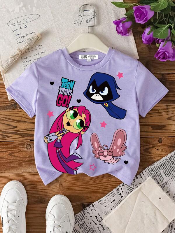 Teen Titans Go X SHEIN Maglietta estiva girocollo casual viola con grafica cartoni animati per ragazza adolescente