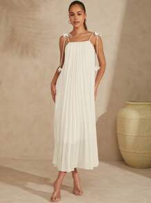 L'Amorae Pleated 3D Flower Strap Tie Detail Maxi Dress