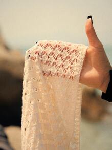 Lumivelle 杏色镂空针织露背前扣长款沙滩裙，性感优雅度假罩衫 - 杏色 - 查看 6