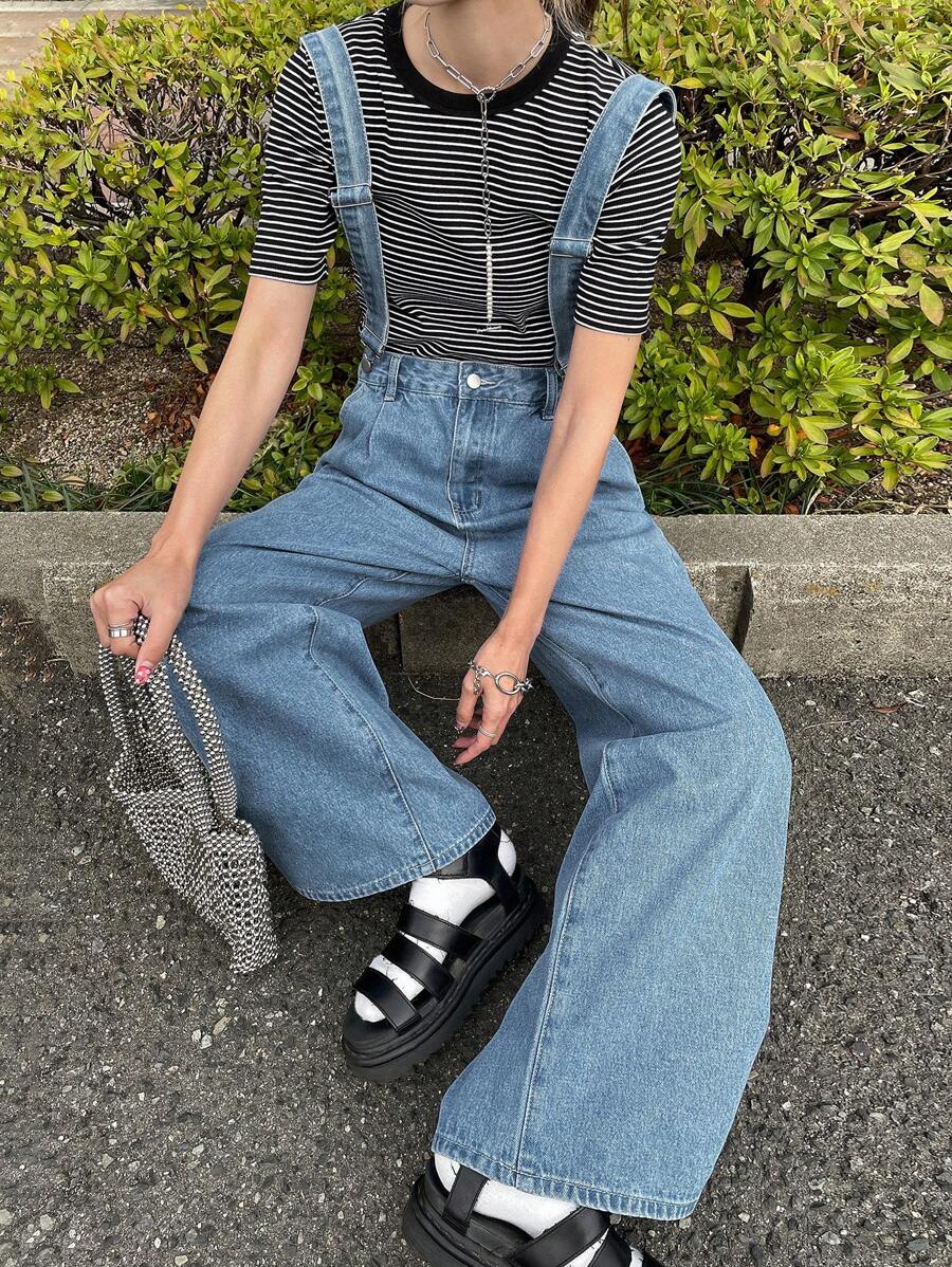 FRIFUL Women's Casual Long Denim Wide Leg Jeans With Zipper Detail Overalls - Blue - View 1