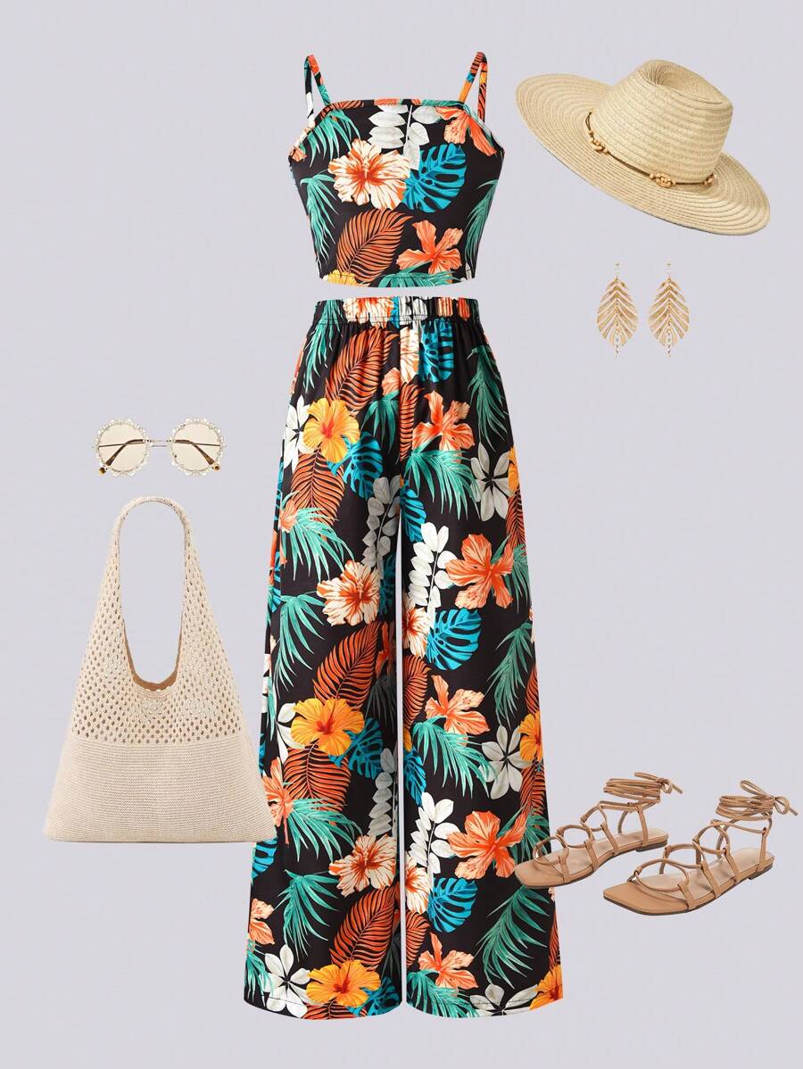 2pcs Tween Girls Tropical Floral & Leaf Print Camisole Top And Long Pants Beach/Resort Set, Spring/Summer Outfits For Summer Set Outfit For Girl Outfits For Girls Summer - Multicolor - View 1