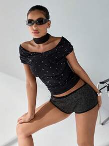 EURMUSE Women Rhinestone Detailed Off Shoulder Elegant Top - Black - View 1