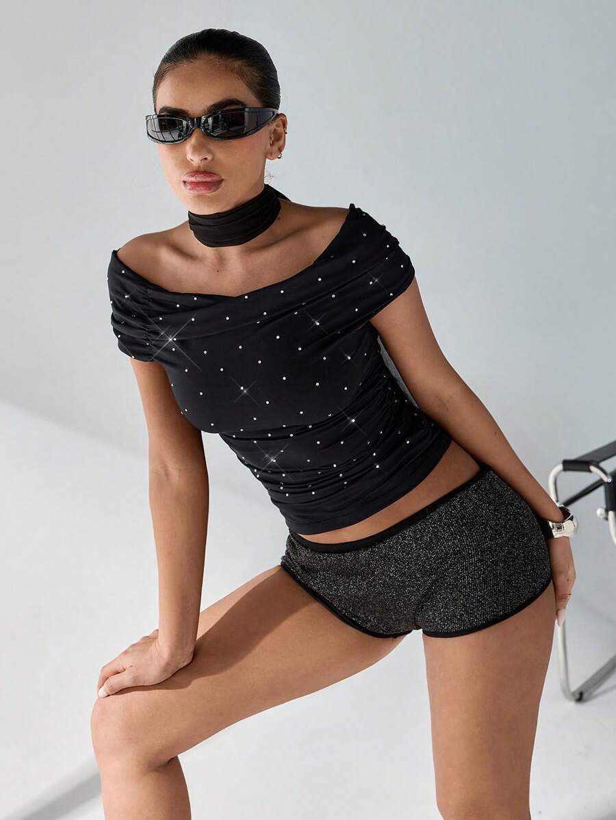 EURMUSE Women Rhinestone Detailed Off Shoulder Elegant Top - Black - View 1