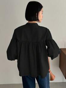 FRIFUL Oversized Women's Denim Shirt With Puff Sleeves - Black - View 5