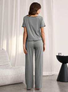 女士简约不对称设计褶皱荷叶边下摆家居服套装 - 灰色 - 查看 2