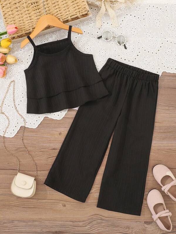 SHEIN 2pcs/Set Young Girl Fashionable & Comfy Ruffle Strap Top And Pants Set, Suitable For Summer Vacation