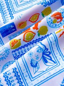 SHEIN Teen Girls 2pcs/Set Seaside Vacation Blue And White Summer Random Color Print Spaghetti Strap Top & High Cut Bikini Bottom Set,Summer Beach, Suitable For Summer