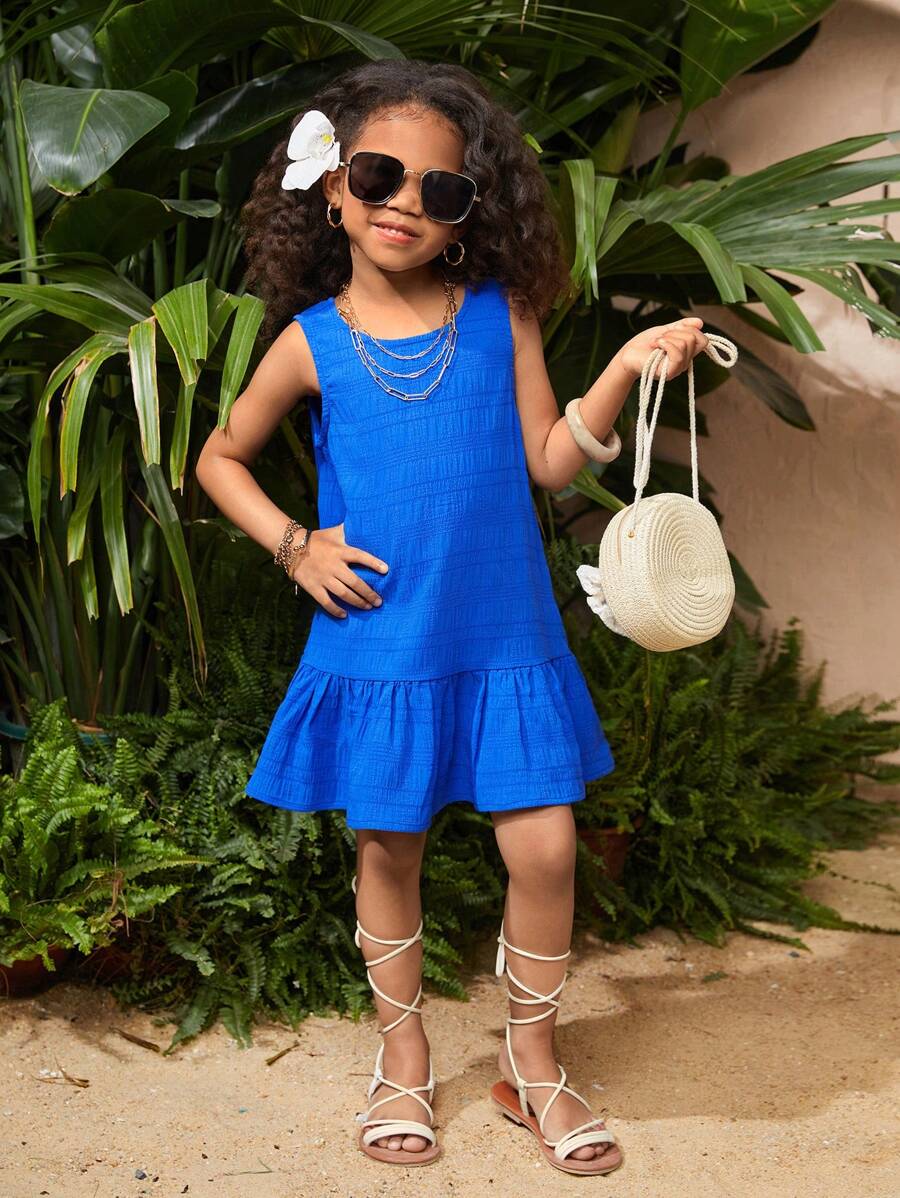 Young Girl Woven Solid Color Round Neck Sleeveless Dress - Blue - View 1