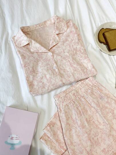 Dazy Plus Plus Size Women Allover Floral Print Loose Short Sleeve Top & Pants Pajama Set, All Season