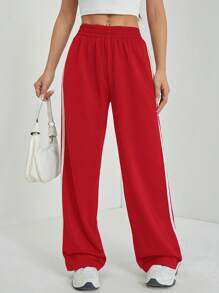 SHEIN PETITE Women Elastic Waist Side Stripe Wide Leg Loose Casual Sweatpants Graduation,Back To School Outfits,Graduation,Teacher Outfits For Women,Back To School