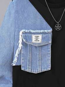 SHEIN 2pcs/Set Tween Boys Denim Patchwork Hoodie And Sweatpants, Fashion Street Style Denim Patchwork Outfit Fall Winter - Multicolor - View 5